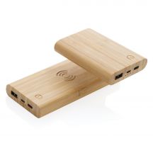 Bambusowy, bezprzewodowy power bank 8000 mAh, ładowarka bezprzewodowa 5W